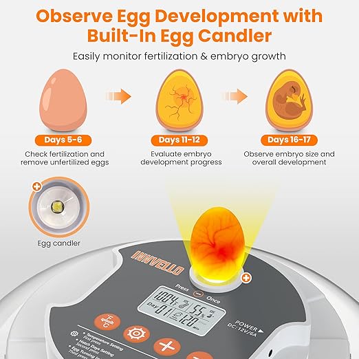 18 Egg Automatic Egg Incubator for Hatching Eggs, Chicken Egg Incubator with Auto Egg Turning, Humidity & Temperature Control, Hatch Day Counter, Egg Candler, 2 Egg Trays & External Water Bottles
