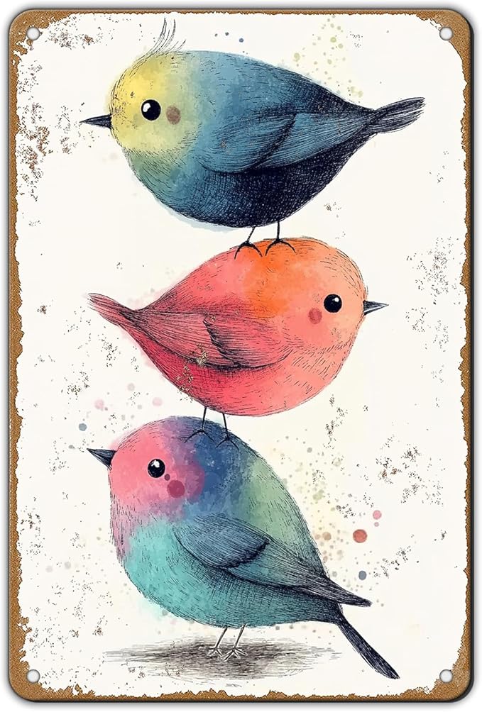 Vintage Tin Sign Watercolor Birds Wall Decor Nursery Birds Print Cute Wall Decoration Birds Nursery Animals Tin Sign Poster Home Bar Plate Wall Decor Birds Metal Tin Sign 12x8 Inch