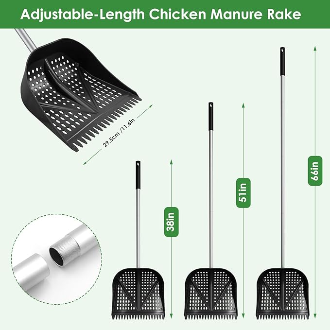 Heavy-Duty Yet Lightweight Chicken Poop Scooper & Rake 2-in-1, Adjustable Handle Length from 38" to 66", Features Manure Sifting Capability – Ideal for Chicken Coops and Farm Animal Cleaning (Black)