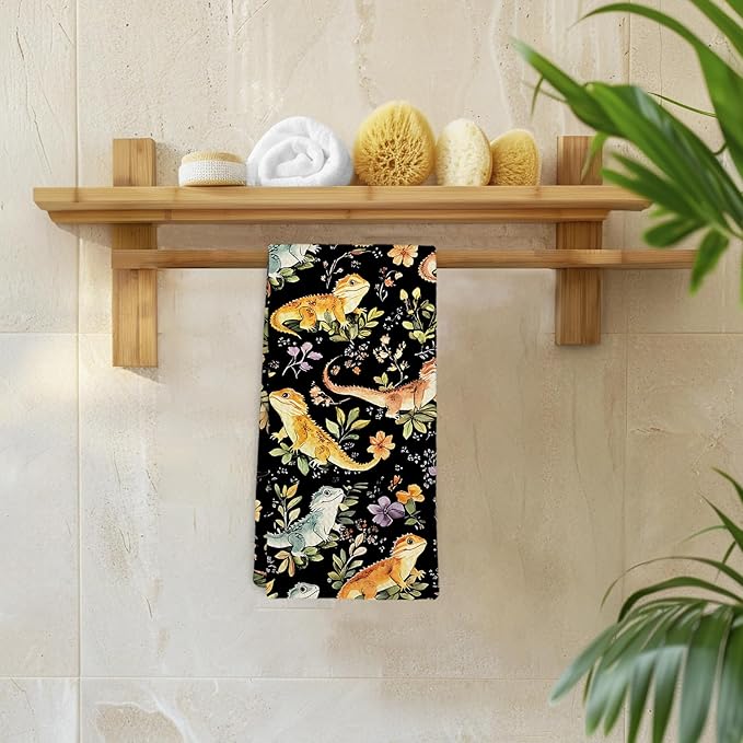 Dark Bearded Dragon Botanical Decor Kitchen Towel and Dish Towel, Bearded Dragon Gifts, Lizard Wildflower Hand Towels,Reptiles Gift Decorative Hand Dish Tea Towels for Bathroom Kitchen,16x24