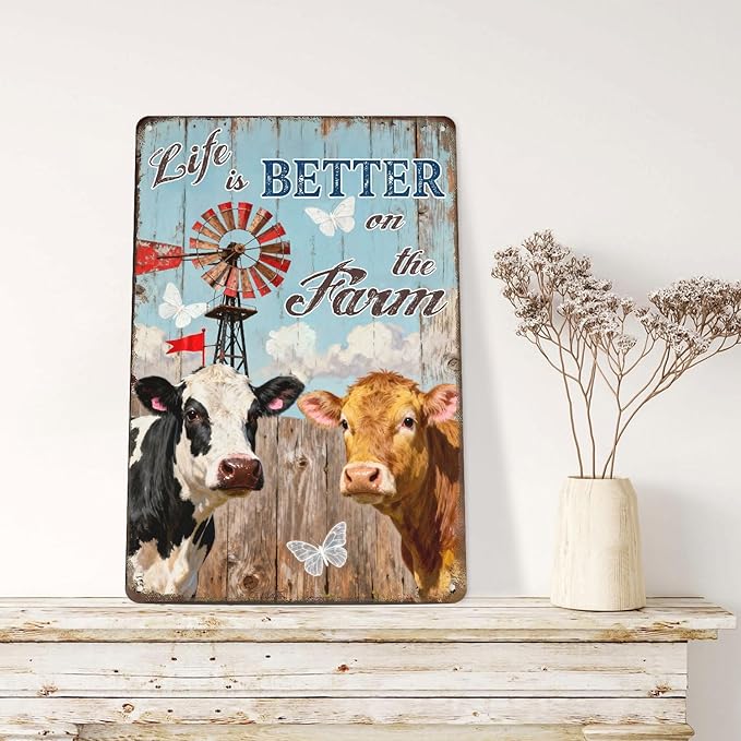 Farmhouse Tin Sign Life Is Better On The Farm Rustic Metal Wall Art Decor For Home Kitchen Farm Barn Vintage Cow Sign 8x12 Inch