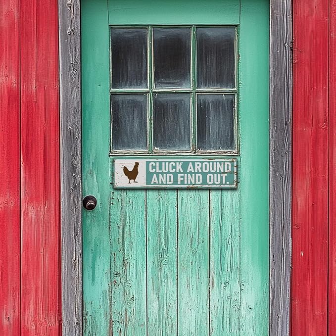 Rustic Farmhouse Style Chicken Coop Sign, Metal Outdoor Chicken House Signs, Cluck around and find out Signs, Retro Metal Tin Sign, Farmhouse Decor, Backyard Hen House Gift 15.8x4 Inch