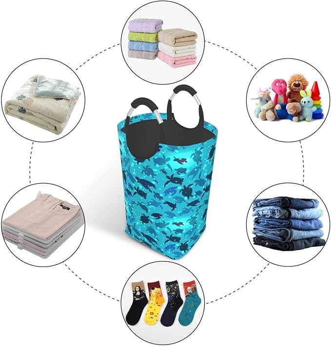 Sea Turtle Laundry Basket Ocean Beach Animals Foldable Laundry Hamper Blue Collapsible Laundry Baskets with Handles Clothes Hamper Laundry Tote Bag for Dorm Family Storage Bin 50L
