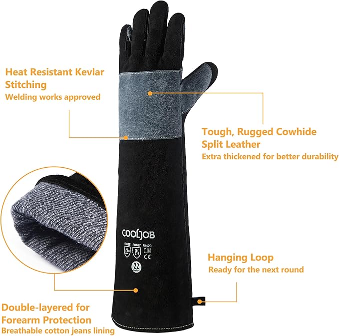 COOLJOB Kevlar Bite Proof Animal Handling Gloves for Cat Grooming, Dog Training, Leather Protective Gloves for Men, 16/22"