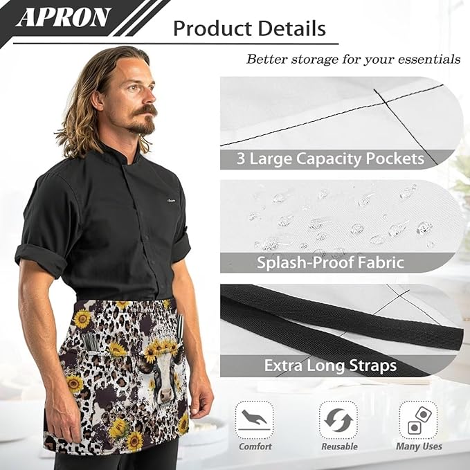 Waist Apron with 3 Pockets Waterproof 13 Inch Short Half Waist Aprons Women Men Server Aprons Waitress Waiter Apron