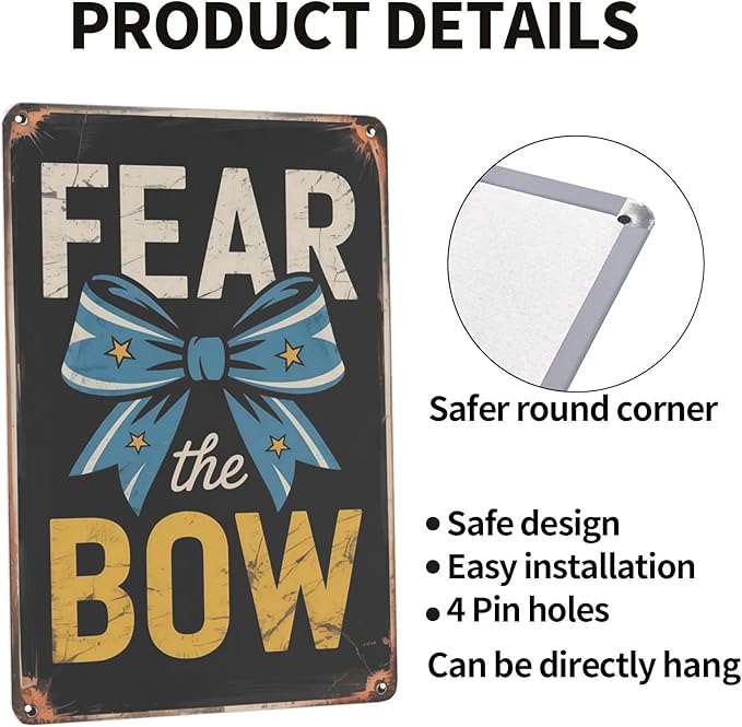 Retro humor wall art sign featuring Cheerleading Cheer Fear The Bow Metal Tin Sign School Gym Decor Perfect For Hanging In Bedroom Locker Room Rustic 8x12 inch metal sign for home bar wall decor