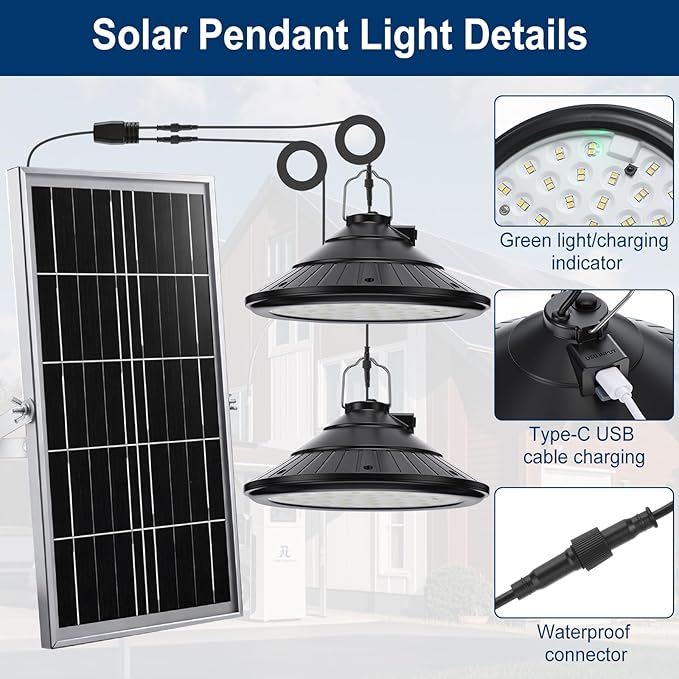 Solar Chicken Coop Shed Light with Time, Rechargeable Solar Hanging Ceiling Pendant Light Waterproof 13.1ft Cord, for Barn Greenhouse Gazebo Patio Poultry Pen Pet House(Black,10w)