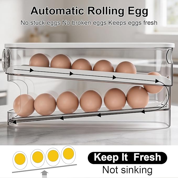Auto Rolling Egg Holder for Fridge, Egg Dispenser/Organizer/Storage/Container with Lid & Date Timer for Refrigerator, Sturdy and Durable Space-Saving Egg Tray for 12 Large Eggs