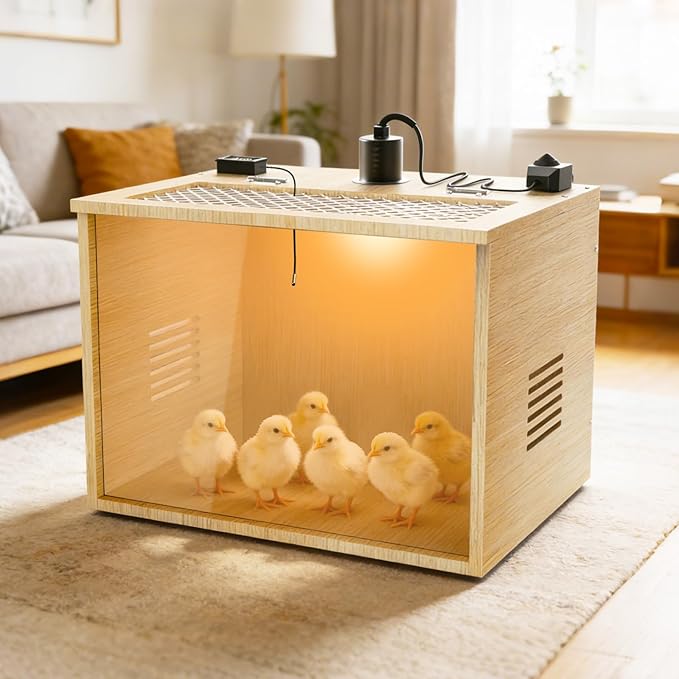 Brooder Box for Chicks, 16 Inch Wooden Chicken Brooder Box with 75W Heat Lamps, Thermometer and Tin Foil, Poultry Breeding Kit, Ideal for 5-7 Newborn Chicks Ducks Quails Hamsters, Small