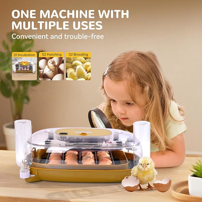 24 Egg Incubator with Automatic Turner, Thermometer seat and Humidity Control - Perfect for Hatching Chicken, Includes Egg Candler and Nesting Pads for Chicken coop