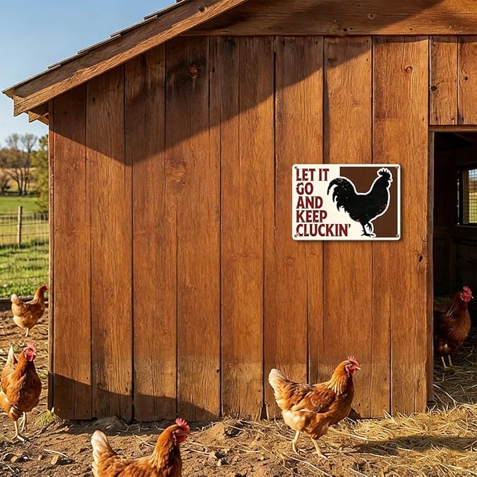 Funny Chicken Metal Sign Outdoor, Aluminum Farmhouse Wall Decor for Coop Door or Yard Area, Fluffy Humor Country Living Style, Rustic 8x12 Inch Gift
