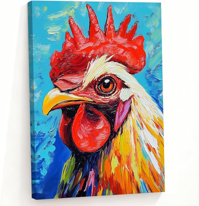 ZQQART Rooster Canvas Wall Art Funny Chicken Portrait Picture Prints Rustic Animal Painting Artwork Farmhouse Kitchen Decor Framed(Red,28.00" x 42.00")
