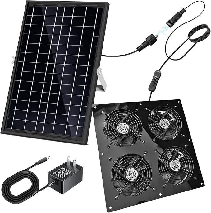 Solar Exhaust Fan,25W Solar Fan for Chicken Coop,Shed,Greenhouse & Attic Ventilation Cooling, Easy Installation,3500RPM,18FT Cord,IP67 Waterproof Solar Powered 4 Fan Kit