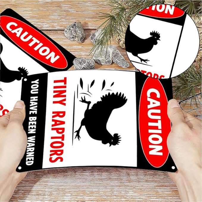Caution Tiny Raptors Sign Aluminum Chicken Coop Signs for Farm Kitchen Rooster Hen House Decor Beware of Chicken Signs for Chicken Lady Lovers, 12x8inches