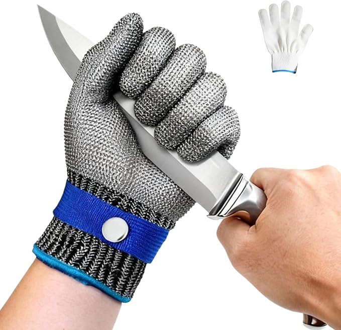 A9 Cut Resistant Chainmail Gloves – Stainless Steel Mesh Metal Glove with Adjustable Wrist Buckle & Nylon Liner Gloves