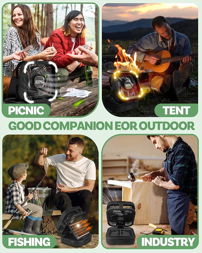 25000mah Camping Solar Fan, 120° Oscillation Rechargeable Solar Powered Fan with LED Light, 6 Adjustable Speeds Battery Powered Portable Fans, USB-C Fans for Travel Tent Camping Accessories