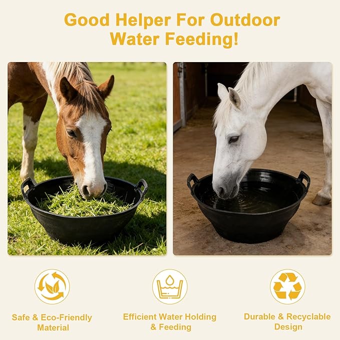 6Pcs Rubber and Plastic Feed Pan with Handle, 3 Gallon / 12 Quart Plastic Feed Pan Utility Horse Feed Bucket for Cats Dogs Goats Chicken Dust Bath Container Animal Feeding Watering Bowl