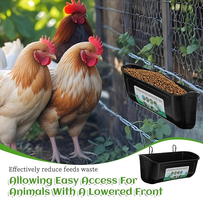 4 Pack Hanging Chicken Feeders Plastic Goat Feeder Supplies with Metal Clips Chicken Waterer Bucket Container for Goat Duck Horse Pig Hog Poultry
