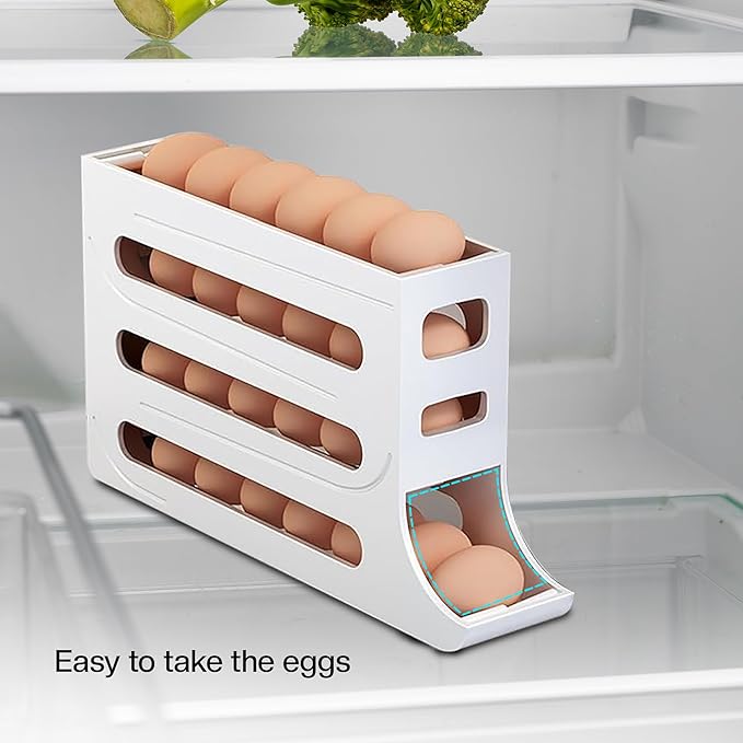 ZAYLAN Egg Holder for Fridge, Auto Rolling Egg Roller/Dispenser/Organizer/Storage Container, Space-Saving 4-Tier Egg Tray for 28 Eggs, Refrigerator, Kitchen & Countertop with Flower Egg Cutter (WHITE)
