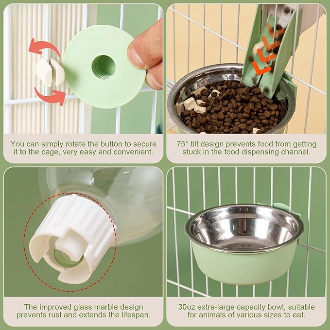Hanging Rabbit Automatic Food Feeder with 30oz Bowl and 500ml Water Dispenser Bunny Gravity Feeding Station Waterer Set Hanging Self-Dispensing Feeder for Cages,Ferret,Guinea Pigs Chinchillas Hedgehog