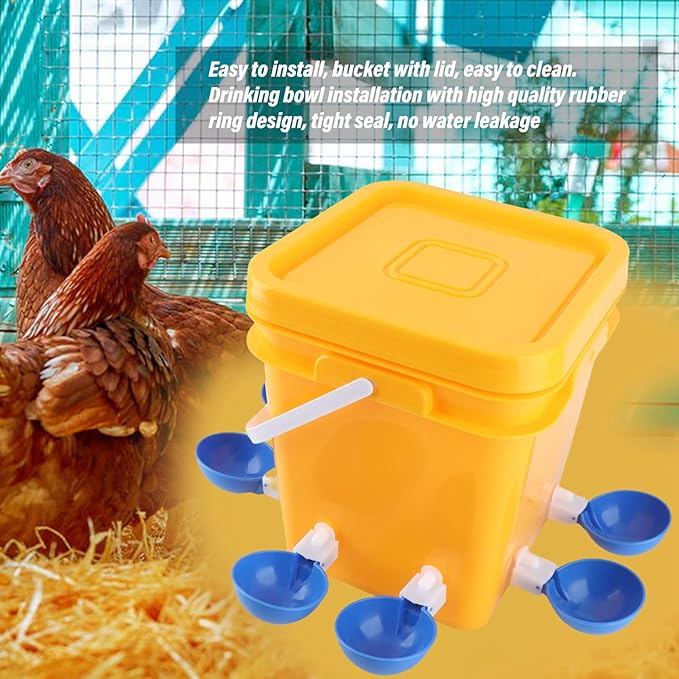 High Capacity Automatic Chicken Waterer Bowl with 12L Handheld Bucket Gravity Watering System for Quail, Easy Installation - Durable Plastic (Bucket + Big Blue Bowl + Black Screws)