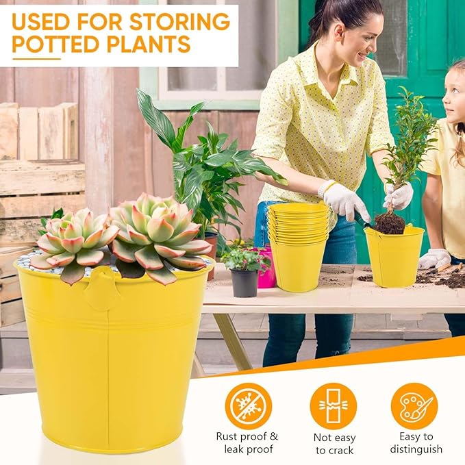 OBTANIM 7 Pack Yellow Metal Buckets with Handle Galvanized Ice Pails for Plants, Succulents, Party Favors Organizing, Rustic Home Decor or Classrooms Pencil Storage (6 x 4.4 inch)