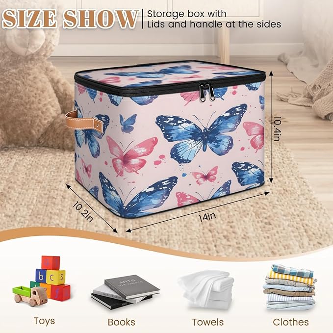 Storage Cubes with Lid Fabric Storage Bins Boxes PU Leather Handles, Colorful Butterfly Closet Organizer Container Foldable Washable Shelf Cloth Basket, Cute Butterfly