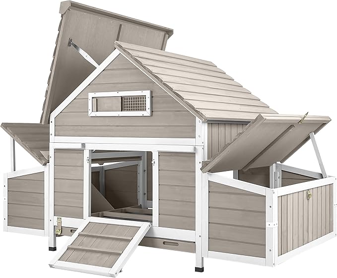 Outdoor Chicken Coop Wooden Hen House for 2-4 Chickens for Small Backyard Weatherproof Roof, 6 Nesting Box, 3 Perche,Tray for Families and Beginners Raising Chickens at Home (Hencoop 86)