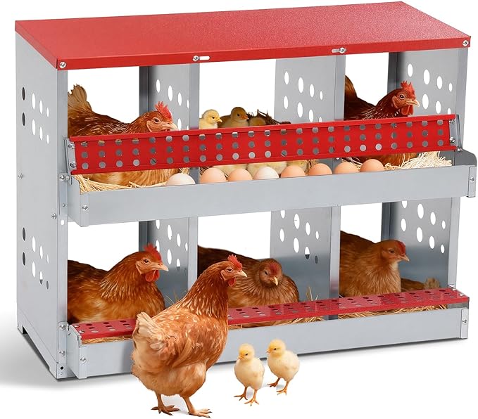 Chicken Nesting Boxes for Chicken Coop, 6 Compartments Wall-mountable Chicken Laying Boxes Easy Egg Collection with Ventilated Design, Weatherproof Galvanized Steel Metal Roosting Boxes