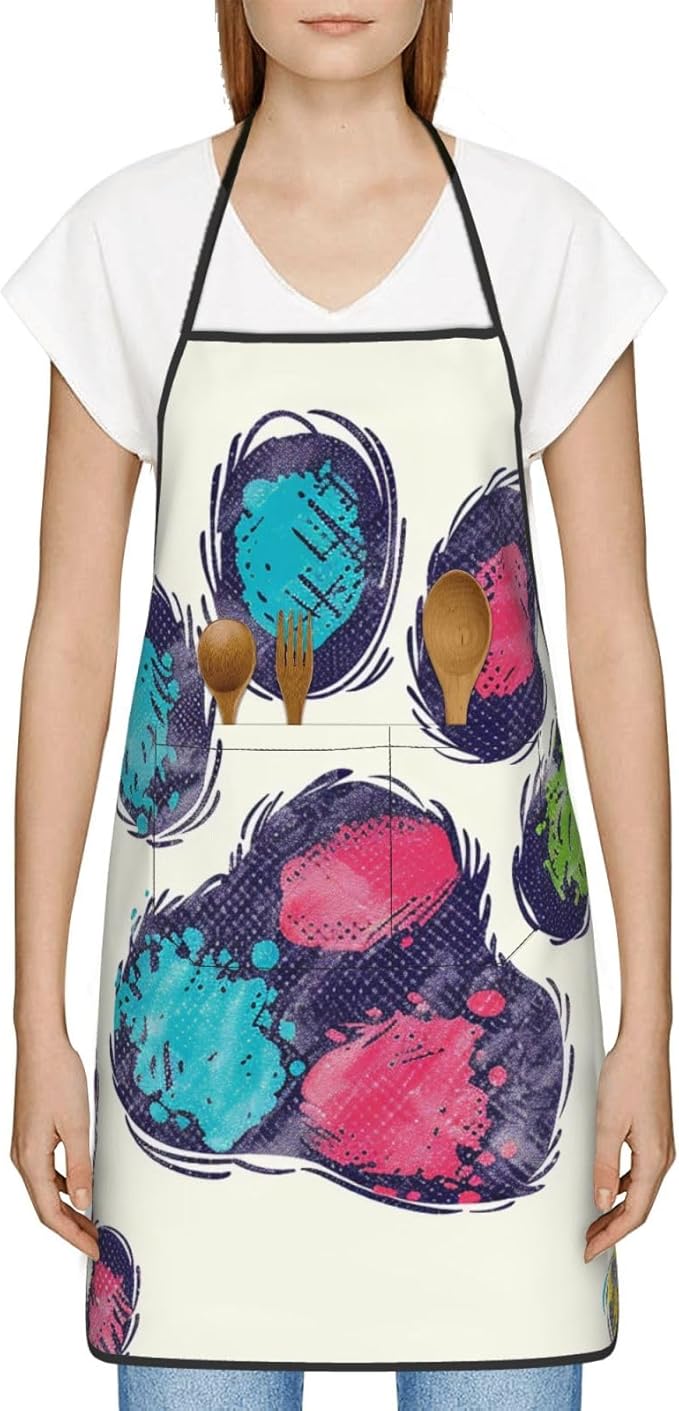 Cute Colorful Dog Paw Printed Unisex Bib Aprons BBQ Cooking Kitchen Aprons for Women Men Chef