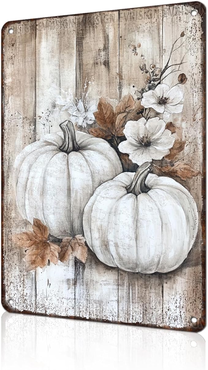 Retro Pumpkin Thankful Metal Sign Vintage Blessed Grateful Thanksgiving Fall Theme Art for Home Cafe and Office Wall Decorating 8x12Inch