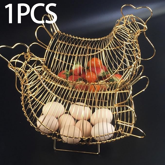Metal Wire Egg Basket, Egg Holder Organizer, Rustic Decorative Hen Shaped Food Storage Basket for Gathering, Countertop