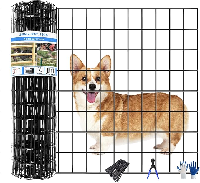 Welded Wire Fence, 100ft(L) x 24inch(H) Garden Fence for Dog, 2 Inch x 3 Inch 16GA Fencing for Chicken, PVC Coated Anti-Rust Roll Metal Wire Mesh Fence for Yard Vegetable, Black
