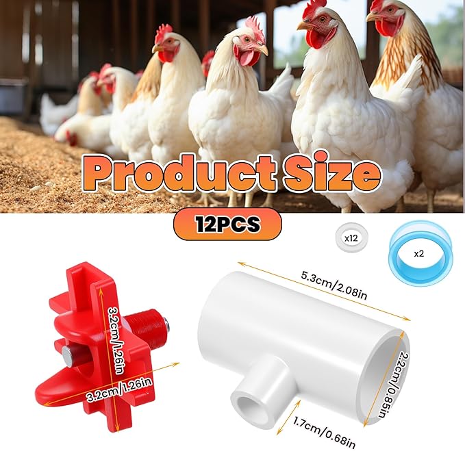 12 pcs Horizontal Chicken Water Nipples with 1/2'' PVC Tee Fittings Mount Poultry Auto Chicken Waterer Nipple Drinker for Ducks Quail and Other Poultry DIY Automatic Waterering System