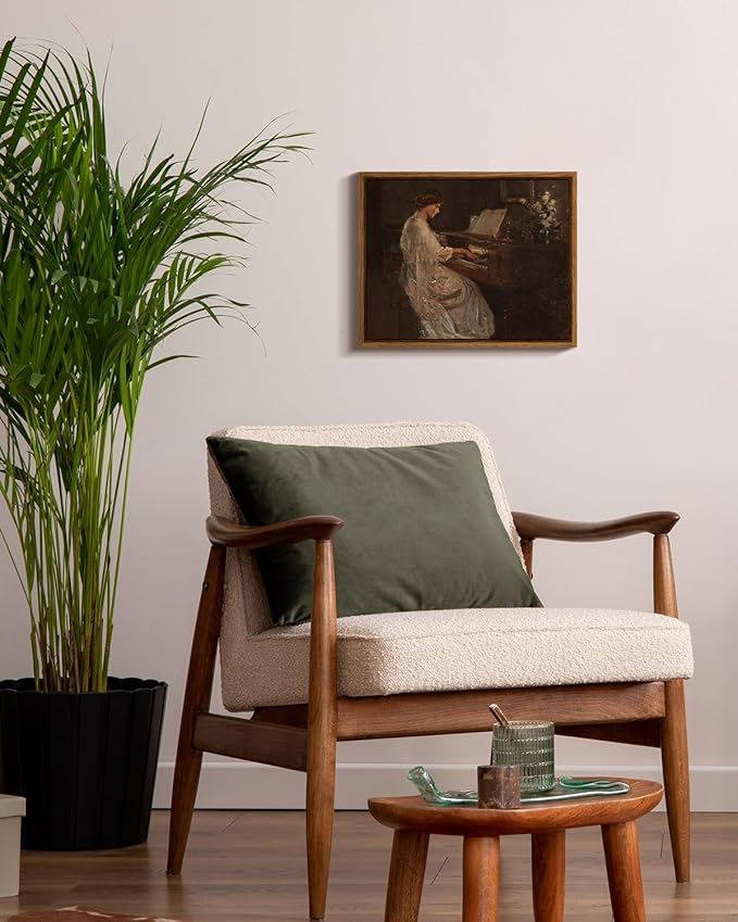 InSimSea Framed Canvas Wall Art Mid Century Lady Playing Piano Classical Painting Vintage Canvas Prints Wall Decor for Bedroom Bathroom Decor Retro Portrait Wall Art 8x10in