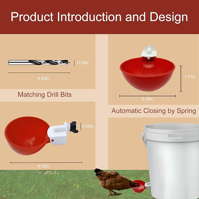 8 Pack Automatic Chicken Waterer, Red Chicken Water Feeder Cups Suitable for Various Poultry, Cup Body Deepened Double Rubber Ring No Leakage, with Mounting Hole Opener