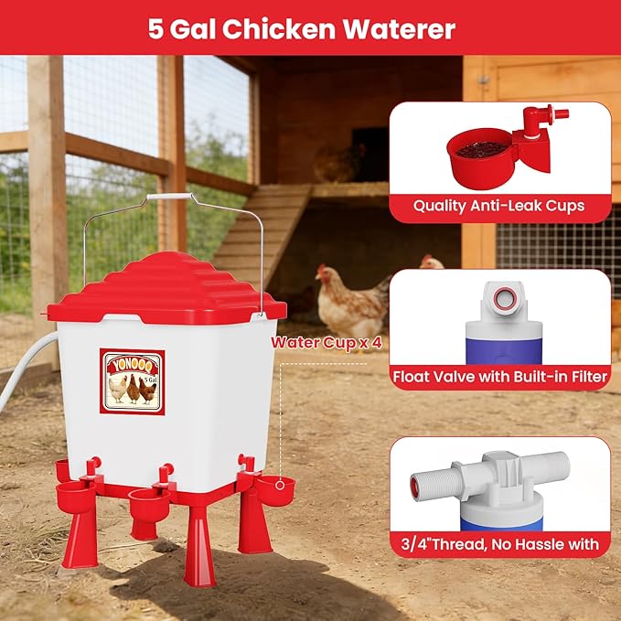 5 Gallon/26 Pounds Automatic Chicken Feeder and Waterer Set, Chicken Waterer with Automatic Float Valve, No Waste, Rain Proof Poultry Feeder, Chick Coop Accessories, for Chicken, Duck, Turkey
