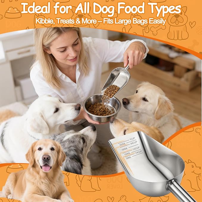 Palksky Dog & Cat Food Scoop, 1 Cup Stainless Steel Pet Food Measuring Cup with Long Handle, Precision Scale, Easy to Clean for Wet or Dry Food, 1 Pack
