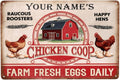 Custom Name Chicken Coop Metal Sign Raucous Roosters Happy Hens Farm Fresh Eggs Daily Vintage Rustic Tin Plaque Wall Art for Backyard Barn Homestead