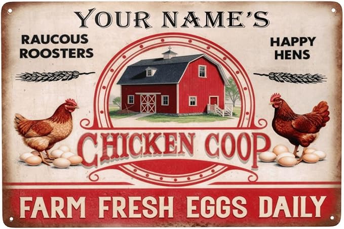 Custom Name Chicken Coop Metal Sign Raucous Roosters Happy Hens Farm Fresh Eggs Daily Vintage Rustic Tin Plaque Wall Art for Backyard Barn Homestead