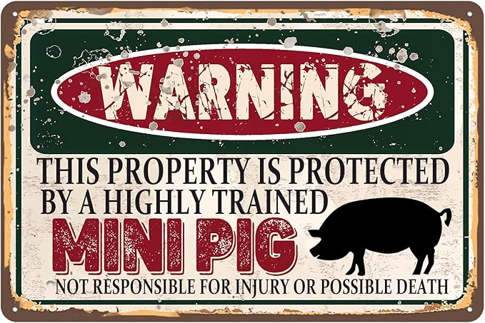 Vintage Mini Pig Metal Sign， Warning this property is protected bY a highly trained Mini Pig Sign Funny Tin Signs 12x8 Inch