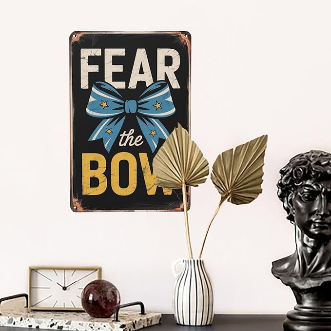 Retro humor wall art sign featuring Cheerleading Cheer Fear The Bow Metal Tin Sign School Gym Decor Perfect For Hanging In Bedroom Locker Room Rustic 8x12 inch metal sign for home bar wall decor