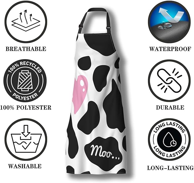 Chef Apron for Men Black and White Cow Print Love Heart Fun Aprons for Women for Kitchen Cooking Restaurant BBQ Painting Crafting 27” (W) x 31” (H), Waterproof Aprons