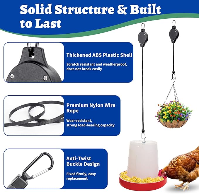 Retractable Hangers for Chicken Coop, 43" Pull-Down Design Hooks for Hanging Chicken Feeder, Waterer & Treat Dispenser, Adjustable Pulley System for Bird Feeder, Planter Hanging, 3PCS
