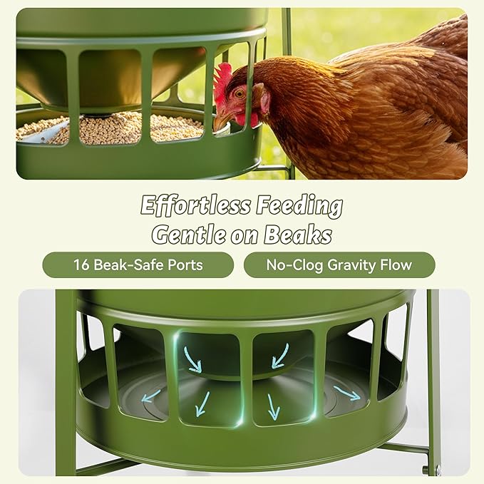 KOL Chicken Feeder No Waste for Coop & Outdoors, 16 Port 50lbs Poultry Feeder with Spill-Control Design, Rust-Proof Powder Coated Metal & Smooth Safe Edges (Avocado Green)
