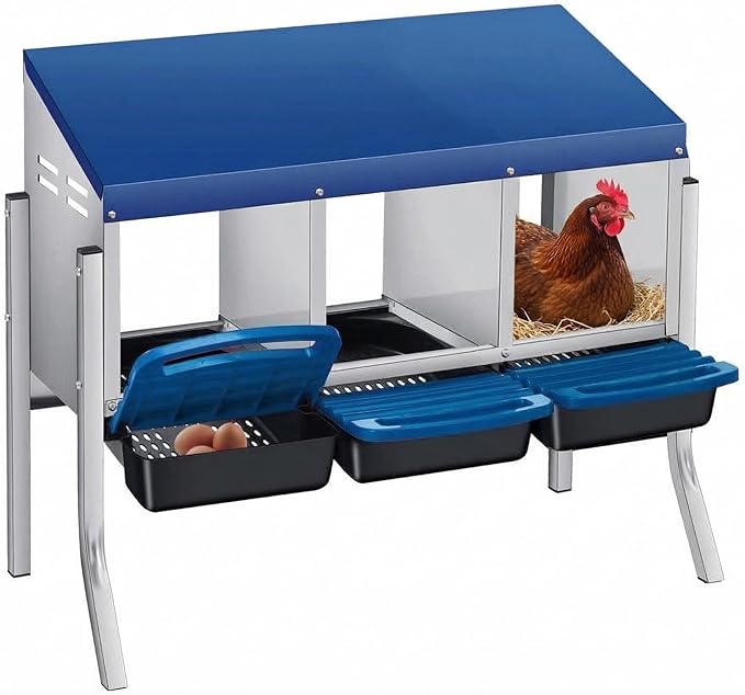 Chicken Nesting Boxes with Rollout Egg Collection – 3-Compartment Metal Hen Nest Box with Removable Trays, Slanted Roof & Ventilation, Wall Mount or Standing for Backyard Poultry Coop, Blue