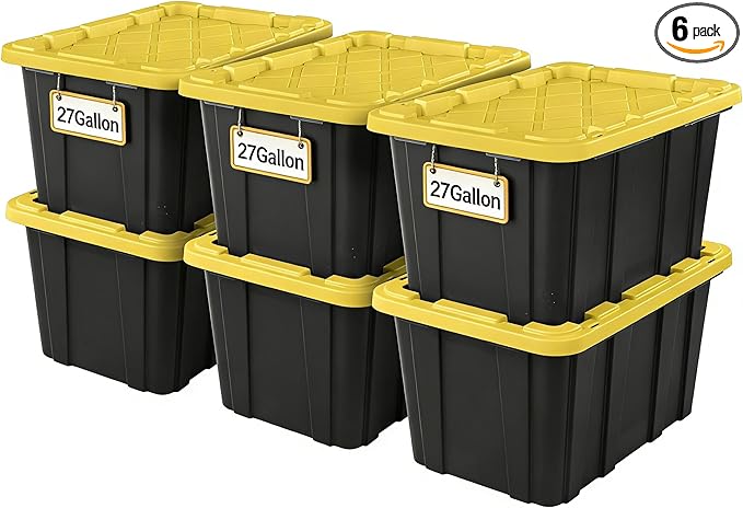 6-Pack 27-Gallon Heavy Duty Storage Bins, Stackable Plastic Container with Snap Lid, Organizer Tote for Garage, Attic, Closet, Basement, Truck Bed - Black and Yellow