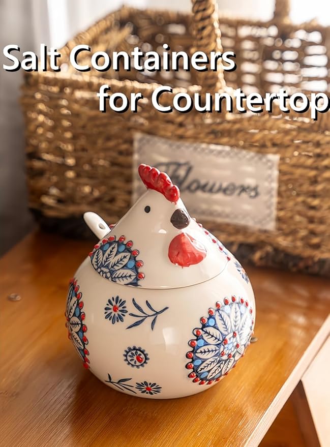 Ceramic Salt Cellar with Lid and Spoon, 13 OZ Large Chicken Salt Jar, Salt Holder for Counter, Coffee, Sugar, Spices and Candies, Salt Containers for Countertop (Blue)