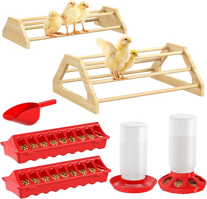 Pawaboo 7-in-1 Chicken Brooder Box for Chick Starter Kit, Includes Chicks Perches, Chicken Feeders, Chick Waterers, Chickens Feeding Spoon, Chicks Supplies (Brooder Set), Red + Wood Color