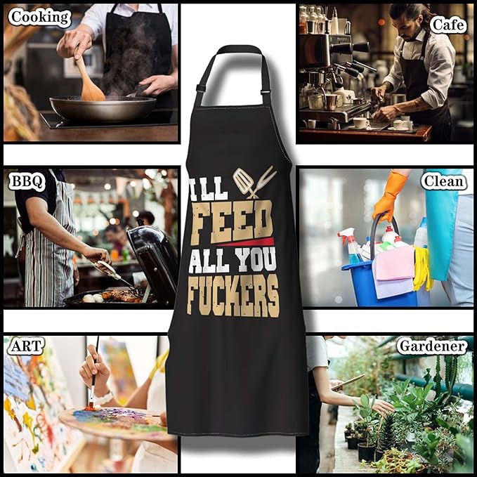 Barista Apron for Men Ill Feed All You Fuckers Cute Aprons for Women for Kitchen Cooking Restaurant BBQ Painting Crafting Gardening 27” (W) x 31” (H), Waterproof Aprons
